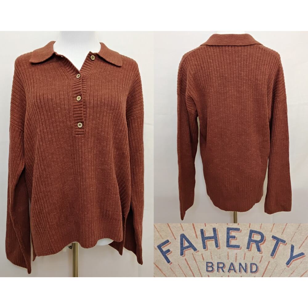 Faherty Miramar Linen Relaxed Polo Women's M Rust Color NWT